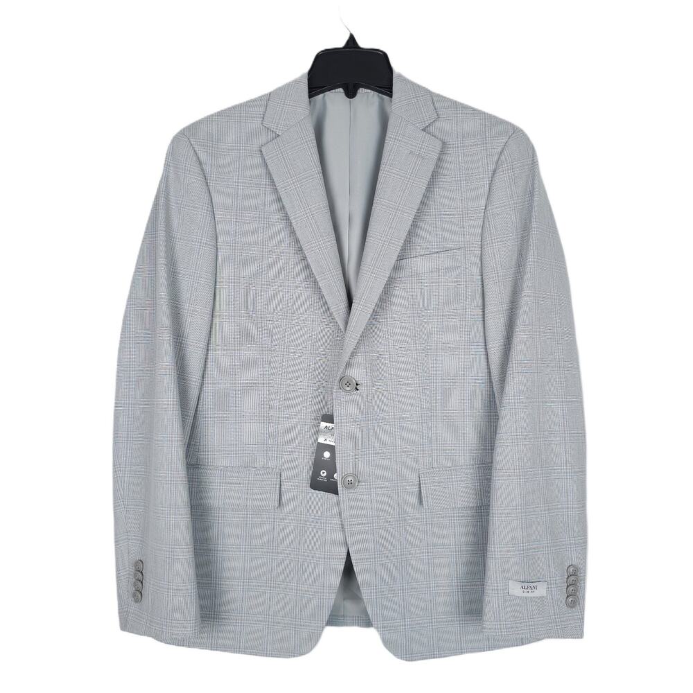 Alfani Mens Slim Fit Suit Jacket Blazer 44L Light Grey Plaid Stretch Tech NWT